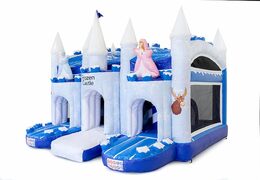 Achetez un château gonflable géant multijeux couvert bleu et blanc avec toboggan à thème glacée congelée pour les enfants. Commandez des super châteaux gonflables en ligne chez JB Gonflables France