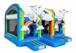 Château gonflable XXL licorne multi-jeux d'intérieur au design unique avec deux entrées, un toboggan au milieu et des objets 3D pour les enfants. Achetez des super châteaux gonflables en ligne chez JB Gonflables France