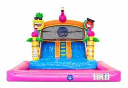 Achetez un château gonflable avec toboggan aquatique pour votre jardin sur le thème des flamants roses pour les enfants. Commandez des châteaux gonflables en ligne chez JB Gonflables France