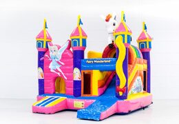 Châteaux gonflables multiplay Fairy Wonderland avec un toboggan et des objets amusants sur la surface de saut pour les enfants. Achetez des toboggan châteaux gonflables en ligne chez JB Gonflables France