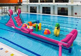 Opblaasbare waterstormbaan huren in flamingo thema voor kinderen