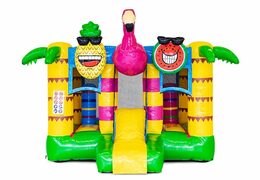 Mini château gonflable multijoueur sur le thème des flamants roses avec toboggan en vente chez JB Gonflables France. Commandez maintenant des mini multiplay avec toboggan pour enfants