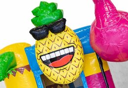 Commandez une mini multiplay sur le thème flamant rose avec toboggan pour enfants. Petit château gonflable avec toboggan à vendre chez JB Gonflables France