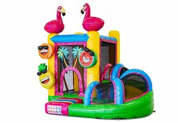 Achetez un petit château gonflable multijeux d'intérieur dans le thème flamant rose avec toboggan pour enfants. Commandez des mini château gonflable en ligne chez JB Gonflables France