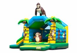 Achetez un château gonflable d'intérieur multifun gonflable avec toboggan sur le thème de la jungle avec un gorille pour les enfants. Commandez des châteaux gonflables en ligne chez JB Gonflables France
