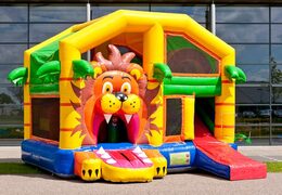 Châteaux gonflables multiplay moyen sur le thème du lion pour les enfants. Commandez des toboggan châteaux gonflables en ligne chez JB Gonflables France