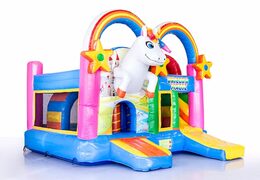 Commandez un châteaux gonflables multiplay de taille moyenne sur le thème de la licorne arc-en-ciel avec toboggan pour enfants. Commandez des toboggan châteaux gonflables en ligne chez JB Gonflables France