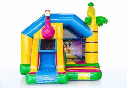 Commandez un château gonflable toboggan combo sur le thème du flamant rose pour les enfants. Achetez des châteax gonflables avec toboggan chez JB Gonflables France