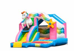Château gonflable toboggan combo sur le thème de la licorne à vendre chez JB Gonflables France. Commandez des châteaux gonflables avec toboggan pour enfants
