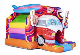 Opblaasbaar luchtkussen in hippy thema met glijbaan bestellen voor kinderen