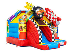 Château gonflable combo toboggan en thème de bande dessinée avec fusée et bombe