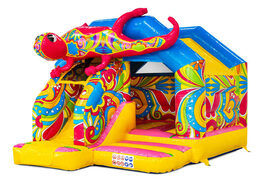 Château gonflable combo toboggan avec des couleurs jaune, bleu, rose et des fleurs