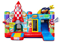 Château gonflable multiplay à thème de bande dessinée avec fusée et personnages de dessin animé