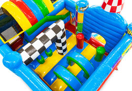 Intérieur du château gonflable multiplay à thème de bande dessinée avec arches et piliers