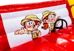 Château gonflable sur le thème du safari gorille avec illustration de rangers en Jeep