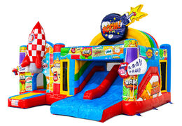 Château gonflable Multiplay Doubleslide avec deux toboggans sur le thème de la bande dessinée