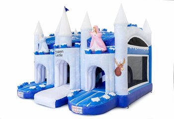 Achetez un château gonflable géant multijeux couvert bleu et blanc avec toboggan à thème glacée congelée pour les enfants. Commandez des super châteaux gonflables en ligne chez JB Gonflables France