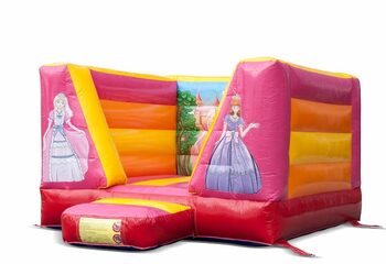 Achetez une petite château gonflable rose jaune orange ouverte sur le thème de la princesse pour les enfants. Les châteaux gonflables sont disponibles en ligne chez JB Gonflables France