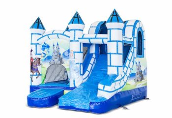Commandez un petit château gonflable multijeux d'intérieur à thème château bleu et blanc avec toboggan pour enfants. Achetez des mini château gonflable en ligne chez JB Gonflables France