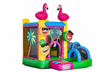 Mini château gonflable multijoueur sur le thème des flamants roses pour les enfants. Commandez des petit château gonflable avec toboggan en ligne chez JB Gonflables France