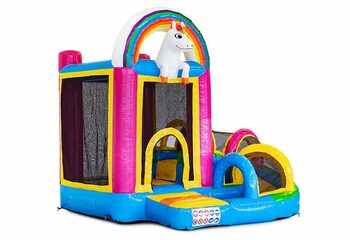 Mini château gonflable multijoueur sur le thème de la licorne pour les enfants. Commandez des petit château gonflable avec toboggan en ligne chez JB Gonflables France