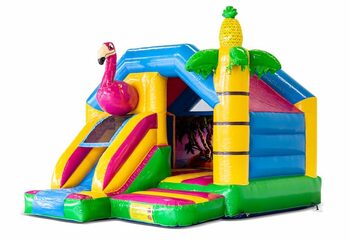 Commandez une combinée château gonflable avec toboggan un flamant rose chez JB Gonflables France. Château gonflables avec toboggan sur le thème des flamants roses  à vendre chez JB Gonflables France