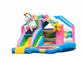 Château gonflable toboggan combo sur le thème de la licorne à vendre chez JB Gonflables France. Commandez des châteaux gonflables avec toboggan pour enfants