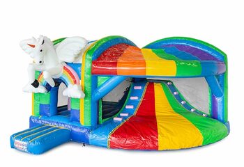 Achetez châteaux gonflables multiplay d'intérieur XL avec toboggan à thème licorne arc-en-ciel pour enfants. Commandez des toboggan châteaux gonflables en ligne chez JB Gonflables France
