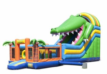Le toboggan gonflable sur le thème du crocodile avec une pataugeoire, un objet 3D impressionnant, des couleurs fraîches et des obstacles 3D pour les enfants. Achetez des toboggans gonflables maintenant en ligne chez JB Gonflables France