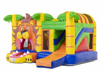 Château gonflable multijoueur sur le thème du lion avec toboggan et obstacles pour les enfants