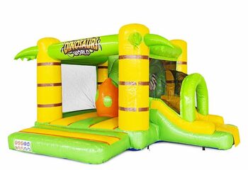 Commandez château gonflable gonflable avec toboggan sur le thème des dinosaures en vert avec du jaune pour les enfants