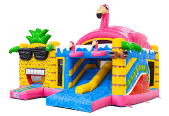 Achetez le château gonflable Multiplay Doubleslide avec thème hawaïen flamant rose chez JB