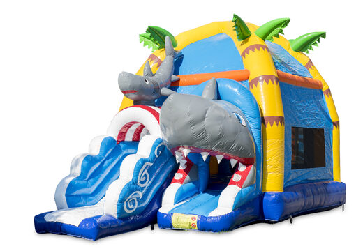 Achat château gonflable d'intérieur maxifun vert jaune sur le thème des super requins pour les enfants. Commandez des châteaux gonflables en ligne chez JB Gonflables France