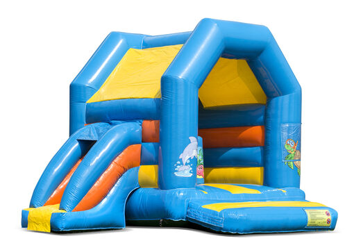 Château gonflable multifun midi pour enfants à vendre dans une combinaison de couleurs jaune bleu et orange sur le thème du monde marin. Disponible en ligne chez JB Gonflables France