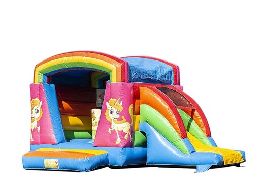 Petite château gonflable multifun sur le thème de la licorne arc-en-ciel à acheter pour les enfants. Achetez des châteaux gonflables en ligne chez JB Gonflables France