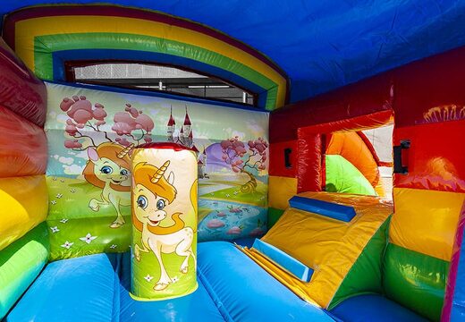 Petit château gonflable multifun à usage commercial sur le thème de la licorne à acheter pour les enfants. Les châteaux gonflables sont en vente chez JB Gonflables France en ligne