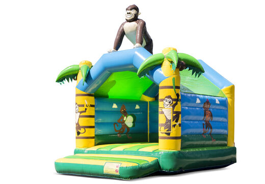 Achetez un château gonflable standard de la jungle dans des couleurs vives avec un grand objet 3D de gorille sur le dessus pour les enfants. Achetez des châteaux gonflables en ligne chez JB Gonflables France