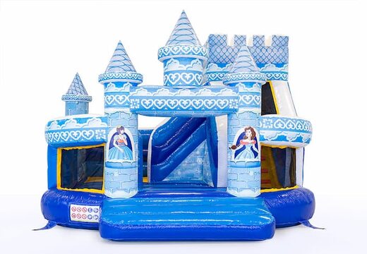 Achetez un château gonflable géant princesse Funcity bleu multifonctionnel avec un toboggan pour enfants. Commandez des château gonflable XXL en ligne chez JB Gonflables France