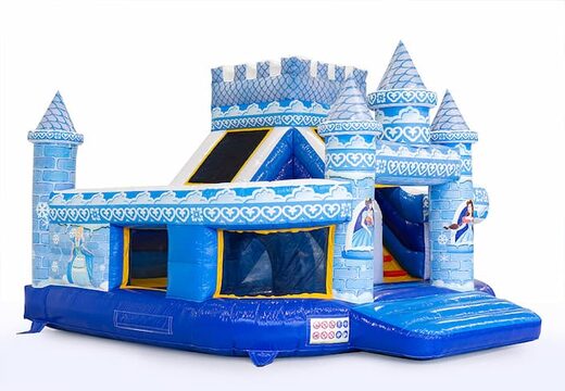 Achetez un super châteaux gonflables multijoueur ouvert bleu avec toboggan sur le thème de la princesse pour les enfants Commandez des château gonflable géant en ligne chez JB Gonflables France