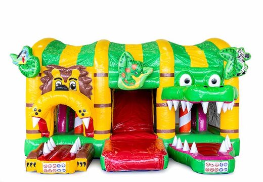 Château gonflable géant Multiplay XXL Jungleworld au design unique avec deux entrées, un toboggan au milieu et des objets 3D pour les enfants. Achetez des château gonflable XXL en ligne chez JB Gonflables France