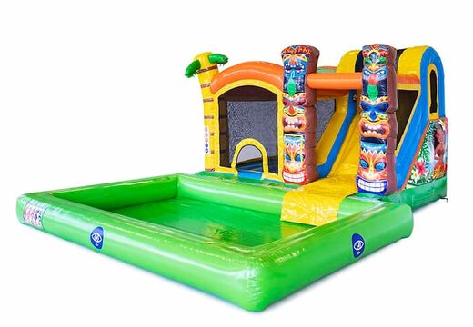 Opblaasbaar Jumpy Happy Splash springkussen met bad kopen in thema tropisch Hawai voor kinderen bij JB Inflatables