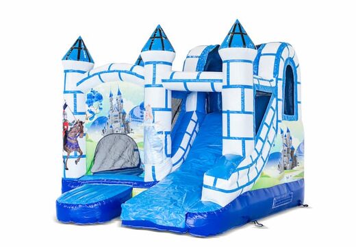 Commandez un petit château gonflable multijeux d'intérieur à thème château bleu et blanc avec toboggan pour enfants. Achetez des mini château gonflable en ligne chez JB Gonflables France