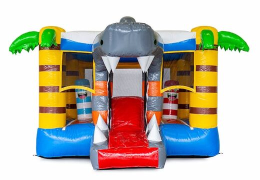 Commandez un mini château gonflable multijoueur sur le thème des requins avec toboggan pour enfants. Mini multiplay à vendre chez JB Gonflables France