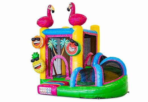 Achetez un petit château gonflable multijeux d'intérieur dans le thème flamant rose avec toboggan pour enfants. Commandez des mini château gonflable en ligne chez JB Gonflables France