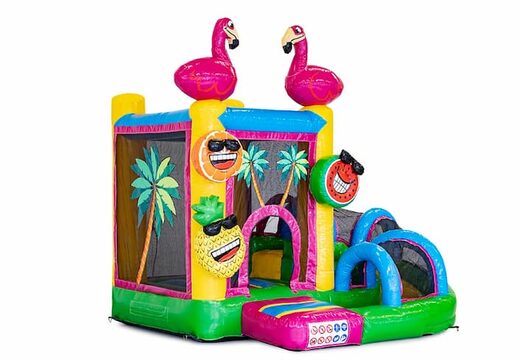 Mini château gonflable multijoueur sur le thème des flamants roses pour les enfants. Commandez des petit château gonflable avec toboggan en ligne chez JB Gonflables France