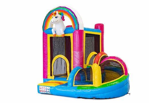 Achetez un petit château gonflable multijeux d'intérieur dans le thème licorne avec toboggan pour enfant. Commandez des mini château gonflable en ligne chez JB Gonflables France