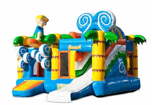 Achetez un châteaux gonflables multiplay d'intérieur sur une plage à thème avec toboggan pour enfants. Commandez des toboggan châteaux gonflables en ligne chez JB Gonflables France