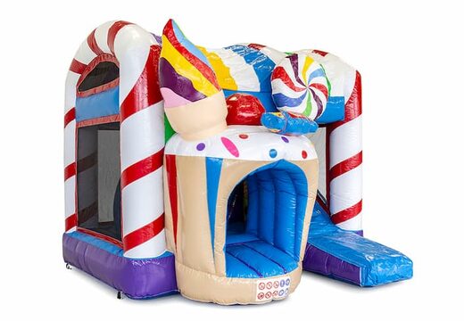 Mini château gonflable multijoueur sur le thème des bonbons pour les enfants. Commandez des petit château gonflable avec toboggan en ligne chez JB Gonflables France