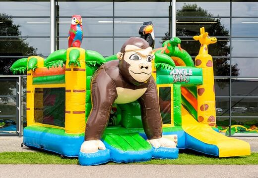 Châteaux gonflables multiplay sur le thème des gorilles de safari avec toboggan pour enfants. Achetez des toboggan châteaux gonflables en ligne chez JB Gonflables France