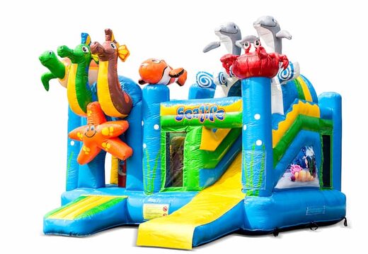Achetez un châteaux gonflables multiplay d'intérieur sur le thème de la mer avec un toboggan pour enfants. Commandez des toboggan châteaux gonflables en ligne chez JB Gonflables France